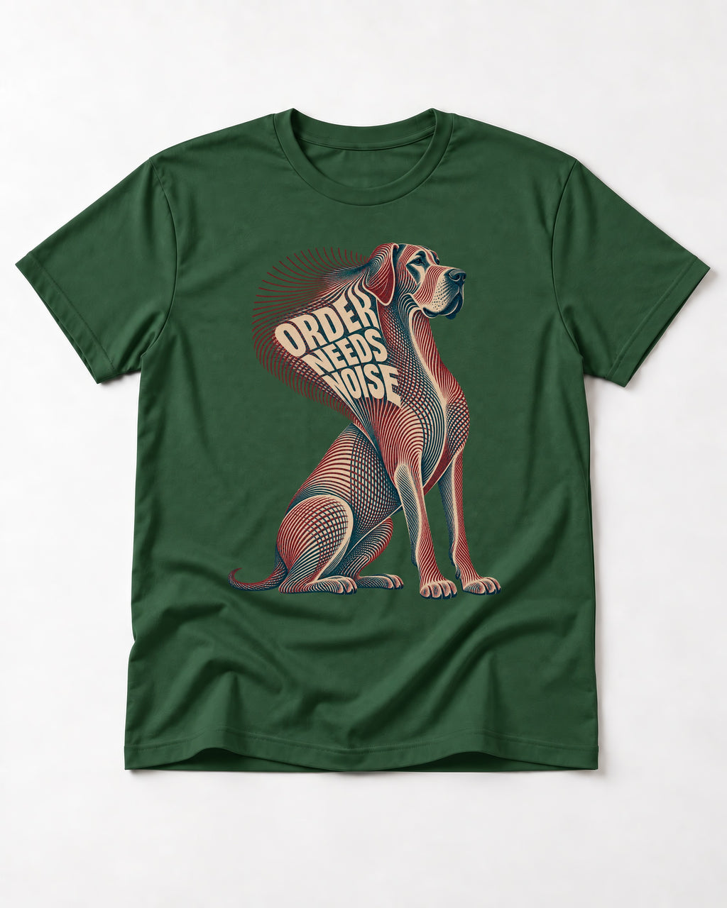 Great Dane Order Needs Noise Optical Line Graphic T-Shirt in Forest Green, flat lay product photo