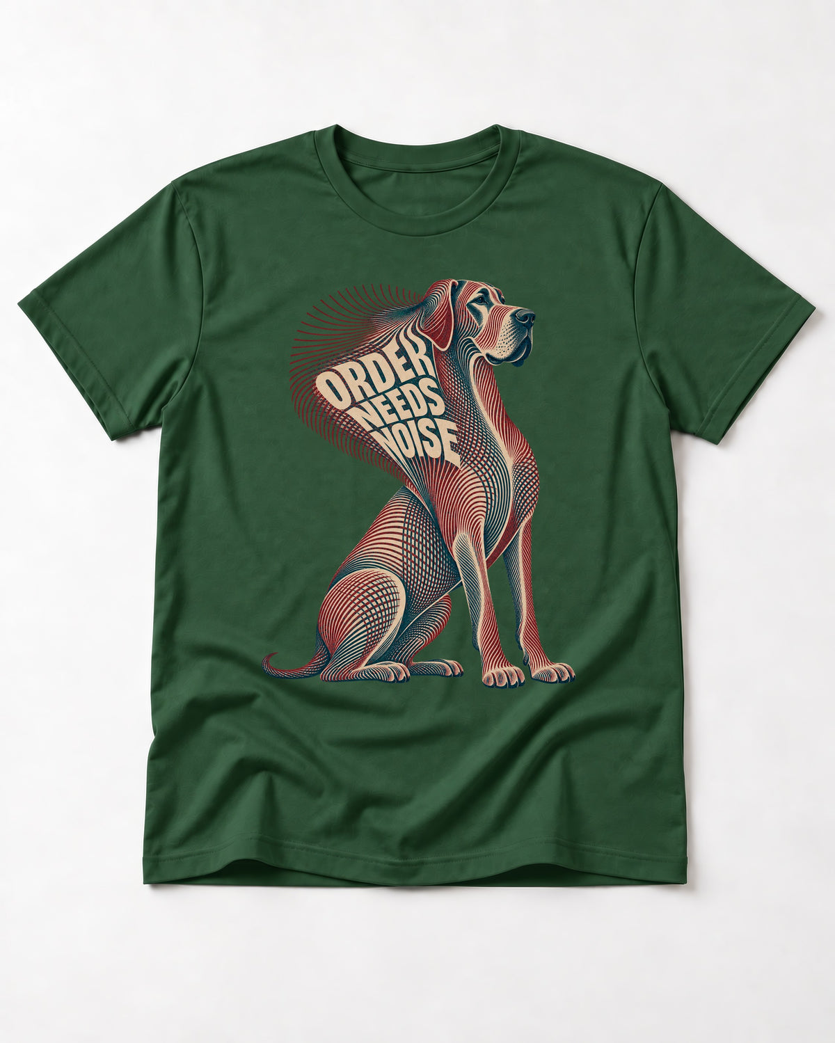 Great Dane Order Needs Noise Optical Line Graphic T-Shirt in Forest Green, flat lay product photo