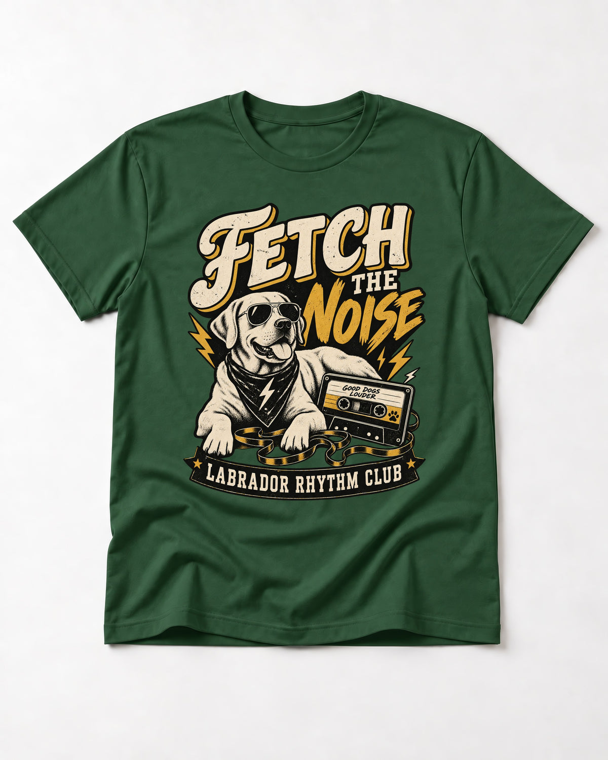Labrador Retriever Fetch the Noise Rhythm Club DJ Graphic T-Shirt in Forest Green, flat lay product photo