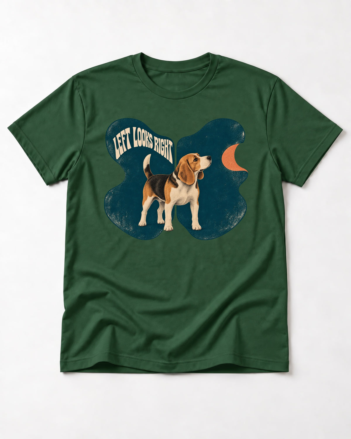 Left Looks Right Beagle Abstract Shapes T-Shirt in Forest Green, flat lay product photo