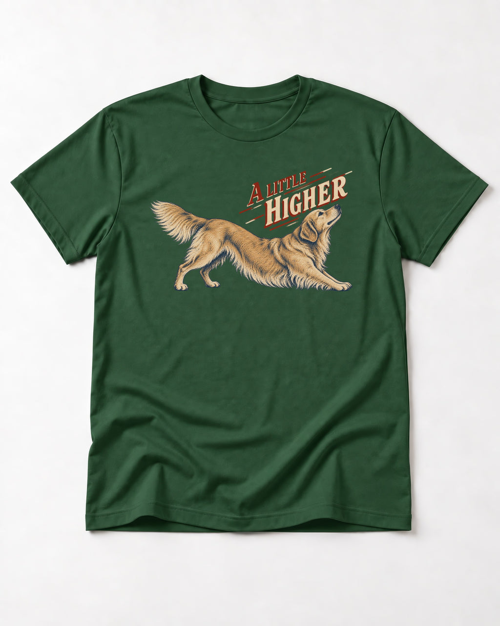 Golden Retriever A Little Higher Play Bow Graphic T-Shirt in Forest Green, flat lay product photo