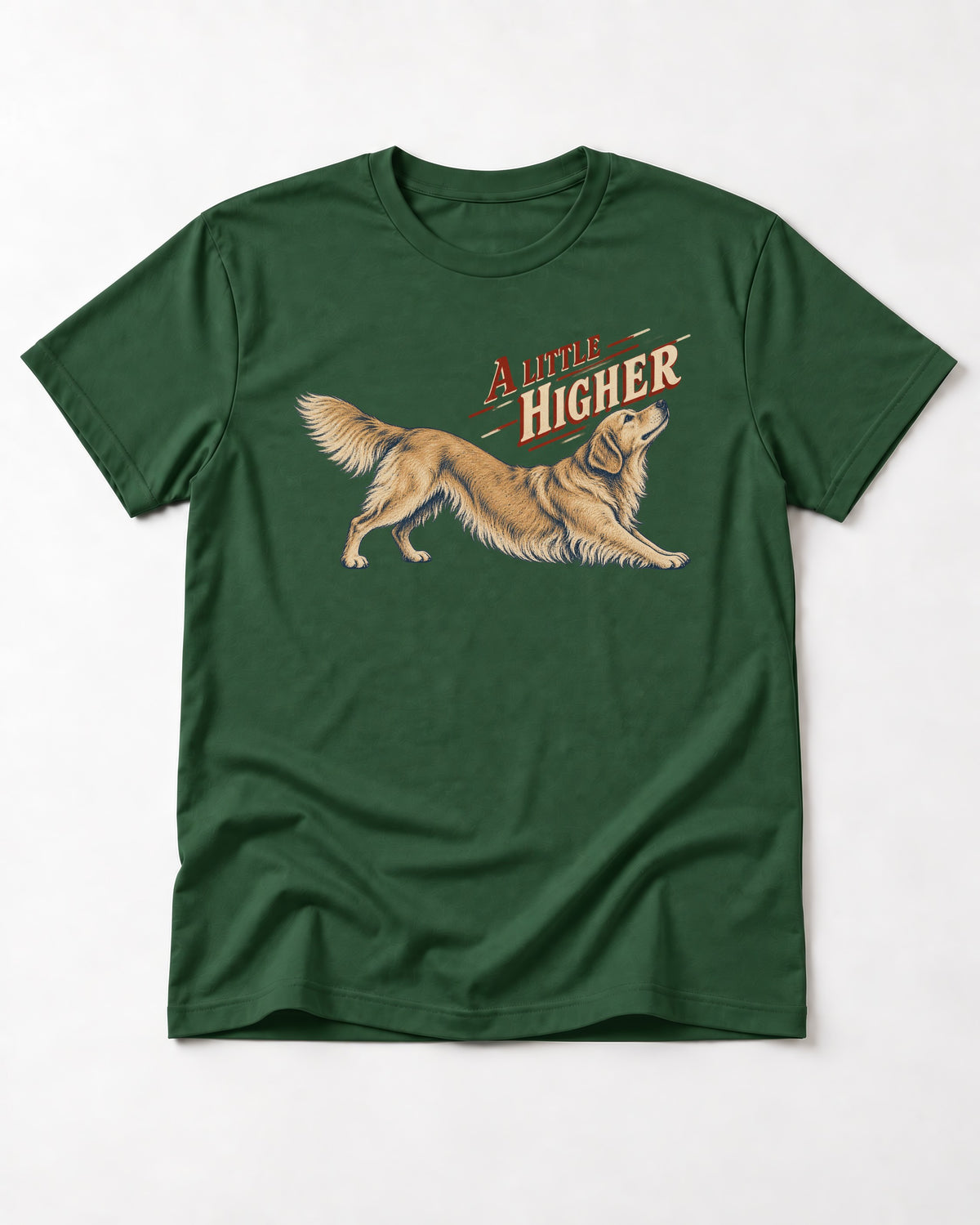Golden Retriever A Little Higher Play Bow Graphic T-Shirt in Forest Green, flat lay product photo