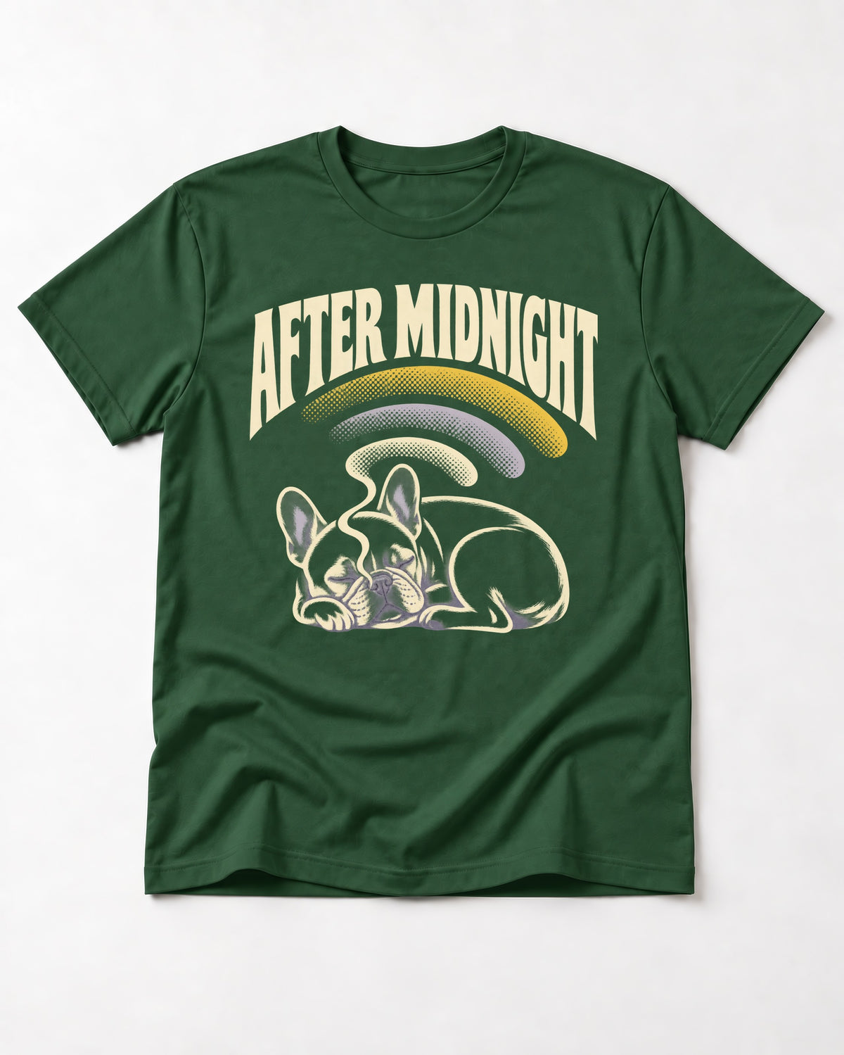 Frenchie After Midnight Sleeping Graphic T-Shirt in Forest Green, flat lay product photo