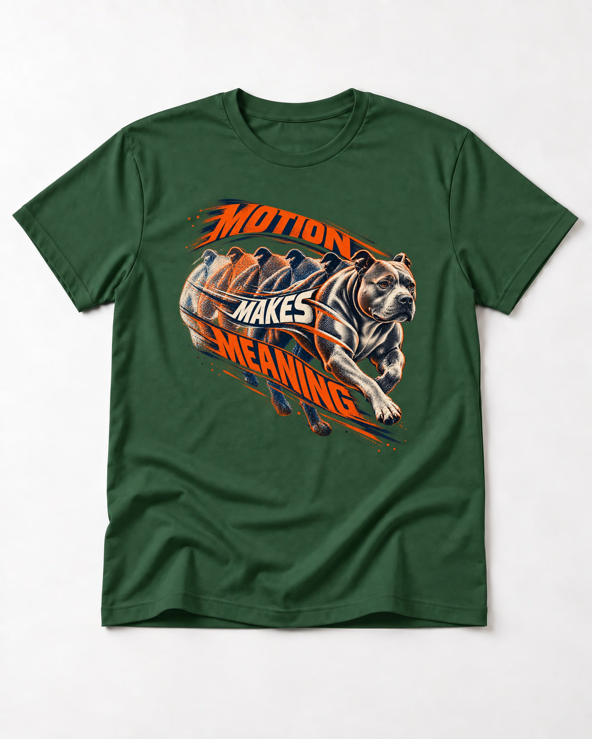 Pitbull Motion Makes Meaning Running Dog Graphic T-Shirt in Forest Green, flat lay product photo