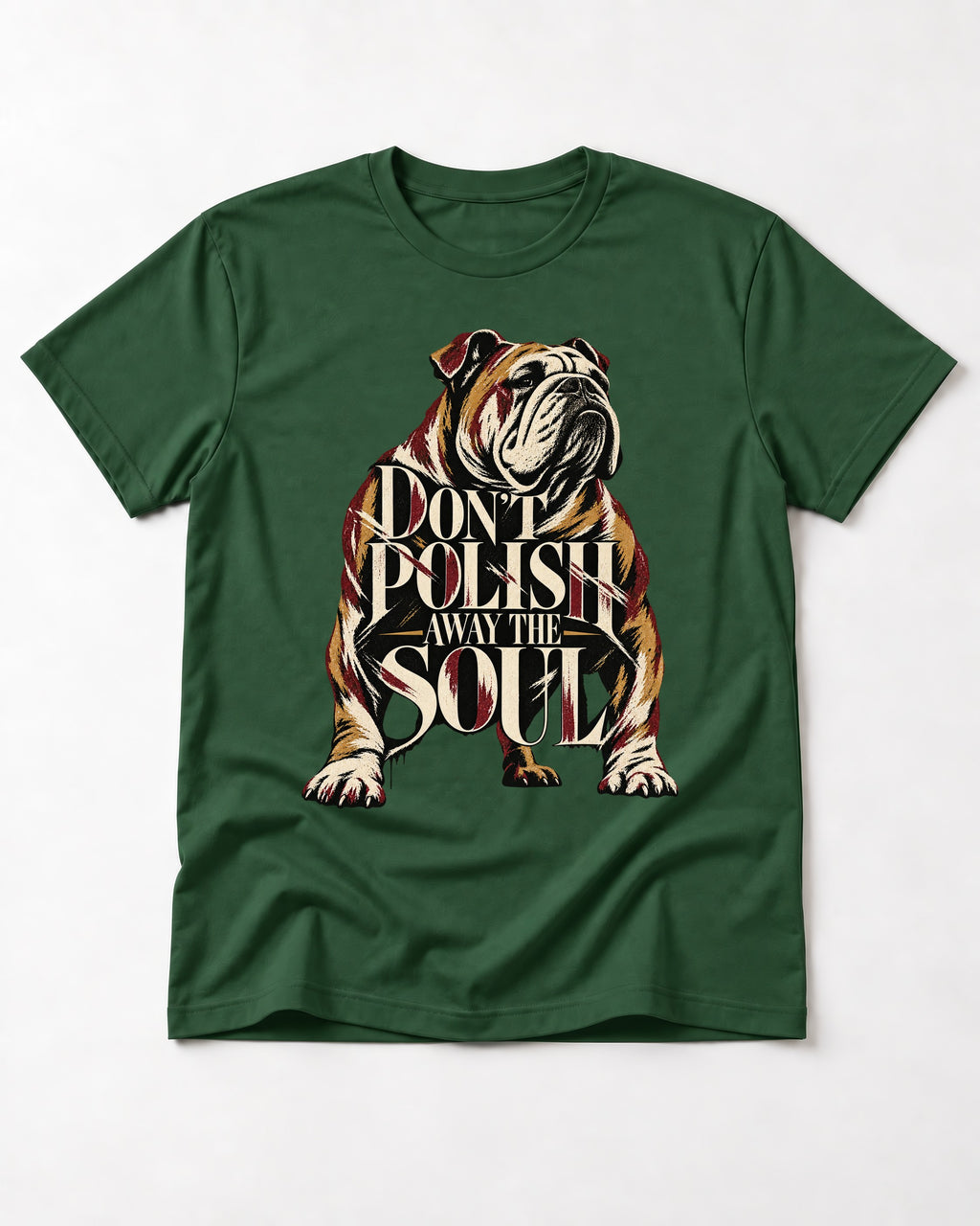 English Bulldog Don't Polish Away the Soul Typography Graphic T-Shirt in Forest Green, flat lay product photo