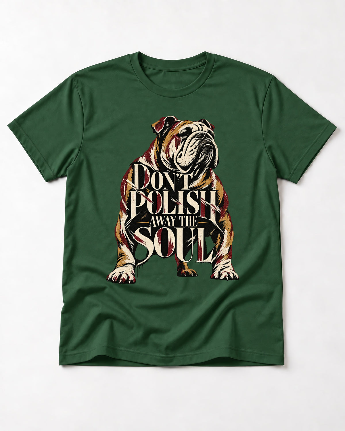 English Bulldog Don't Polish Away the Soul Typography Graphic T-Shirt in Forest Green, flat lay product photo