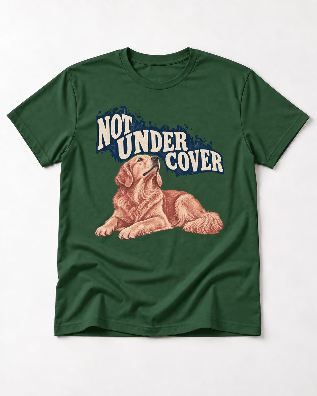 Not Under Cover Reclining Golden Retriever Graphic T-Shirt in Forest Green, flat lay product photo