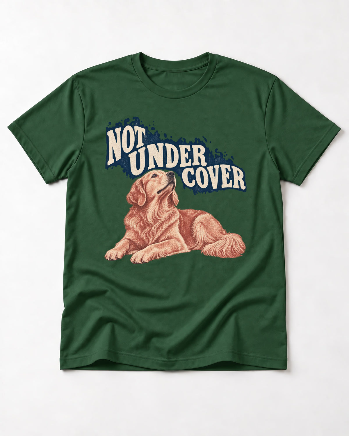 Not Under Cover Reclining Golden Retriever Graphic T-Shirt in Forest Green, flat lay product photo