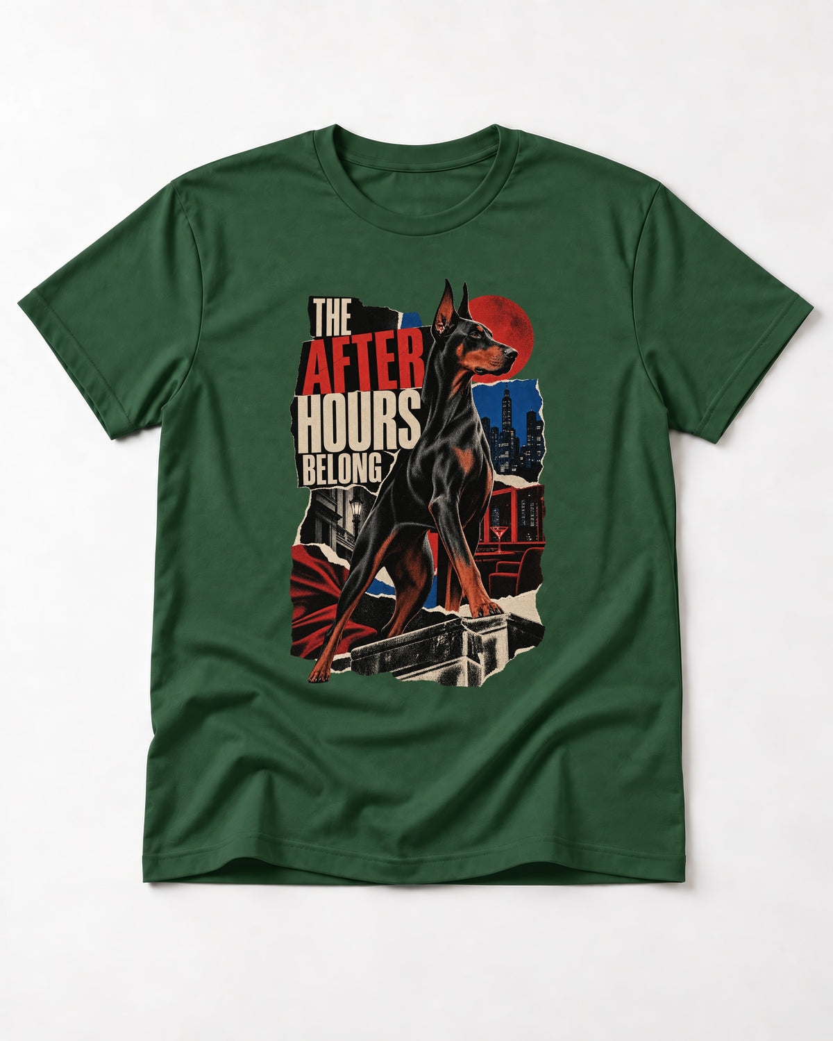 Doberman The After Hours Belong City Collage T-Shirt in Forest Green, flat lay product photo