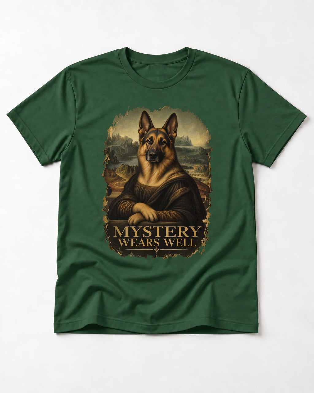 German Shepherd Dog Mystery Wears Well Renaissance Portrait T-Shirt in Forest Green, flat lay product photo