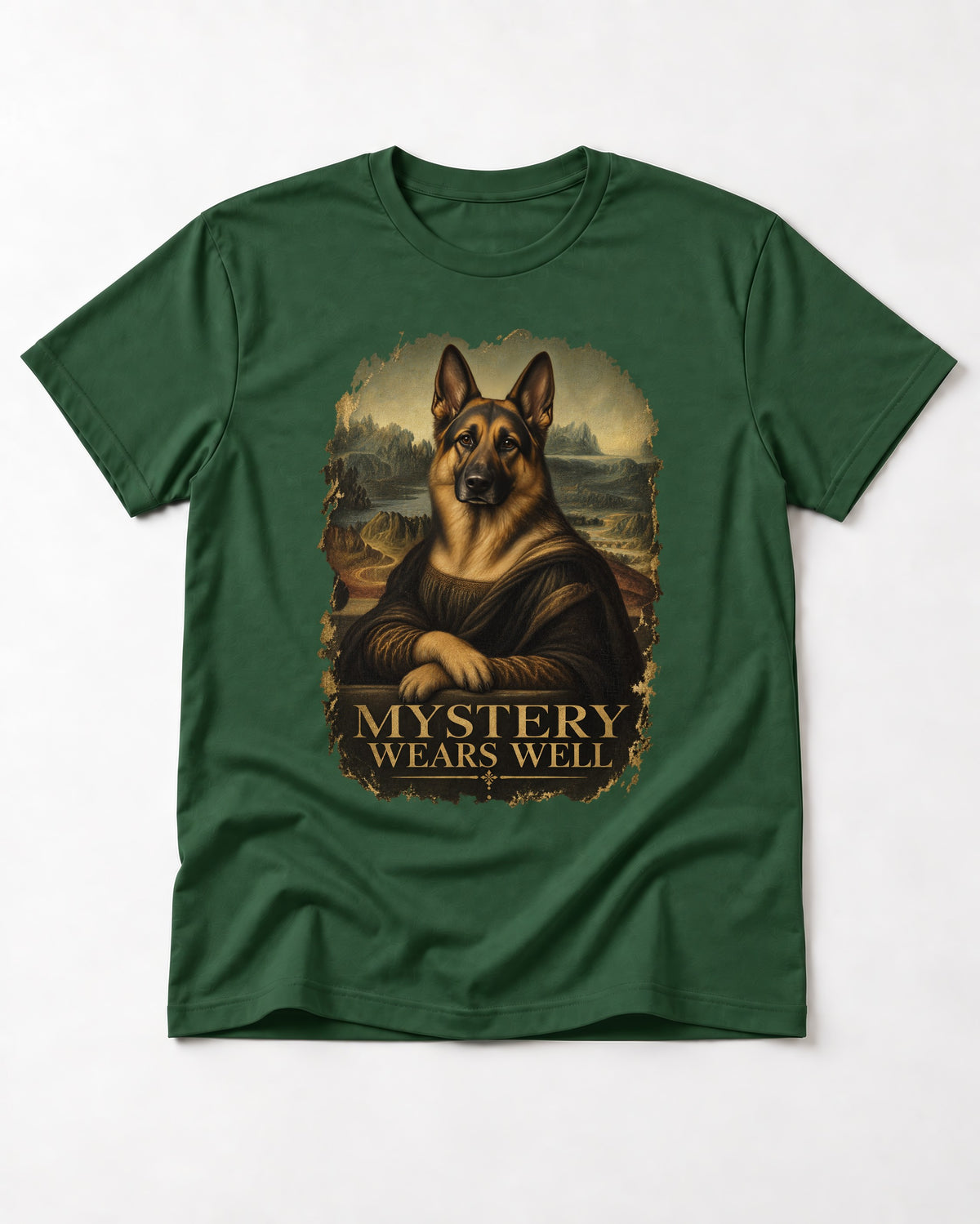German Shepherd Dog Mystery Wears Well Renaissance Portrait T-Shirt in Forest Green, flat lay product photo
