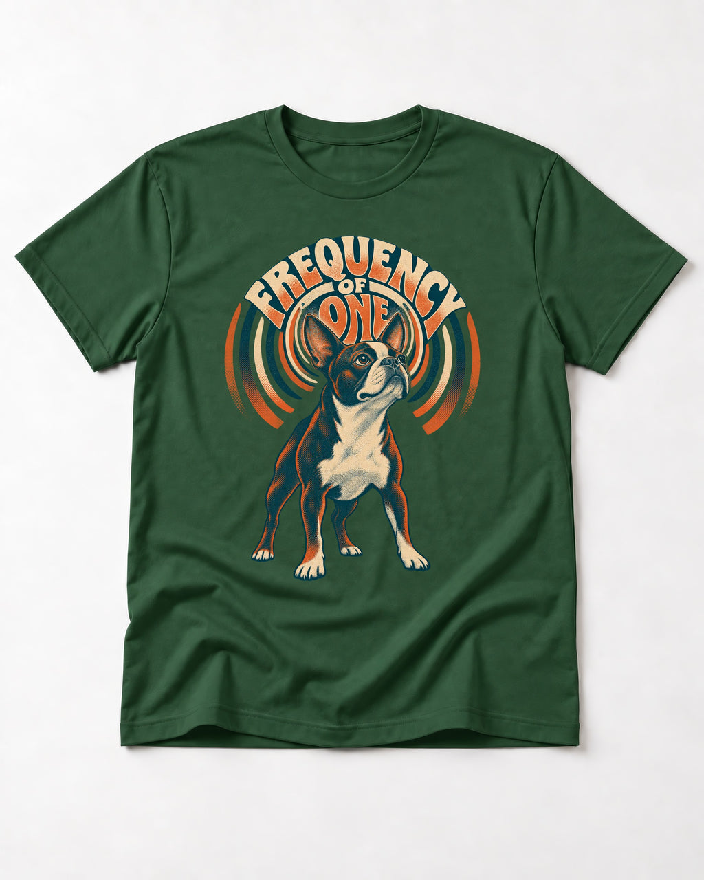 Frequency of One Boston Terrier Graphic T-Shirt in Forest Green, flat lay product photo