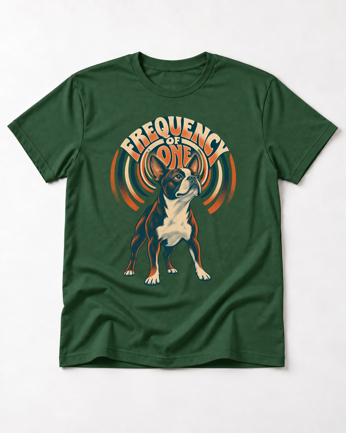 Frequency of One Boston Terrier Graphic T-Shirt in Forest Green, flat lay product photo
