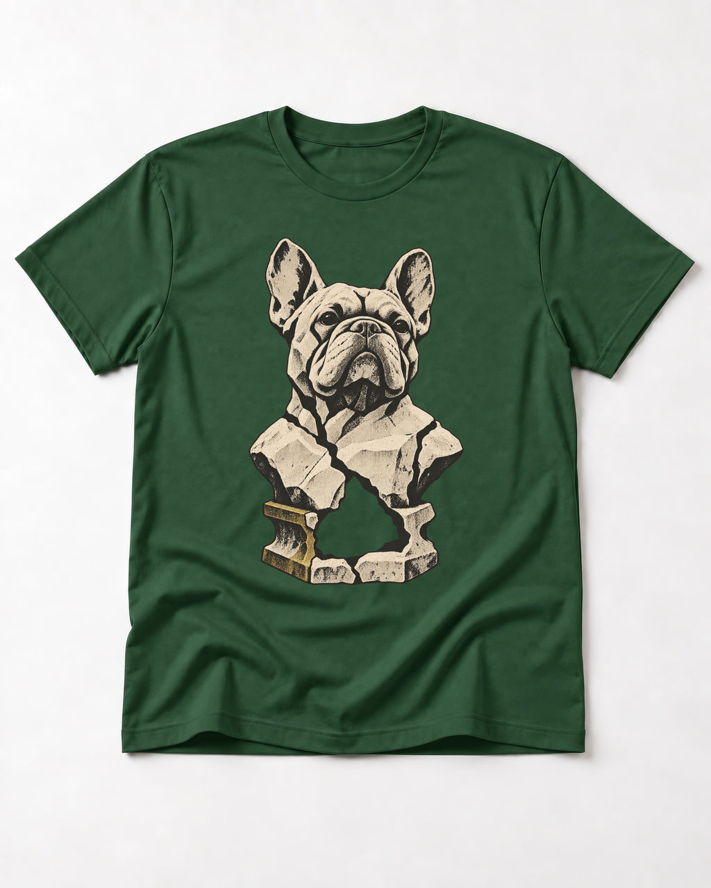 Frenchie Fractured Stone Bust Graphic T-Shirt in Forest Green, flat lay product photo