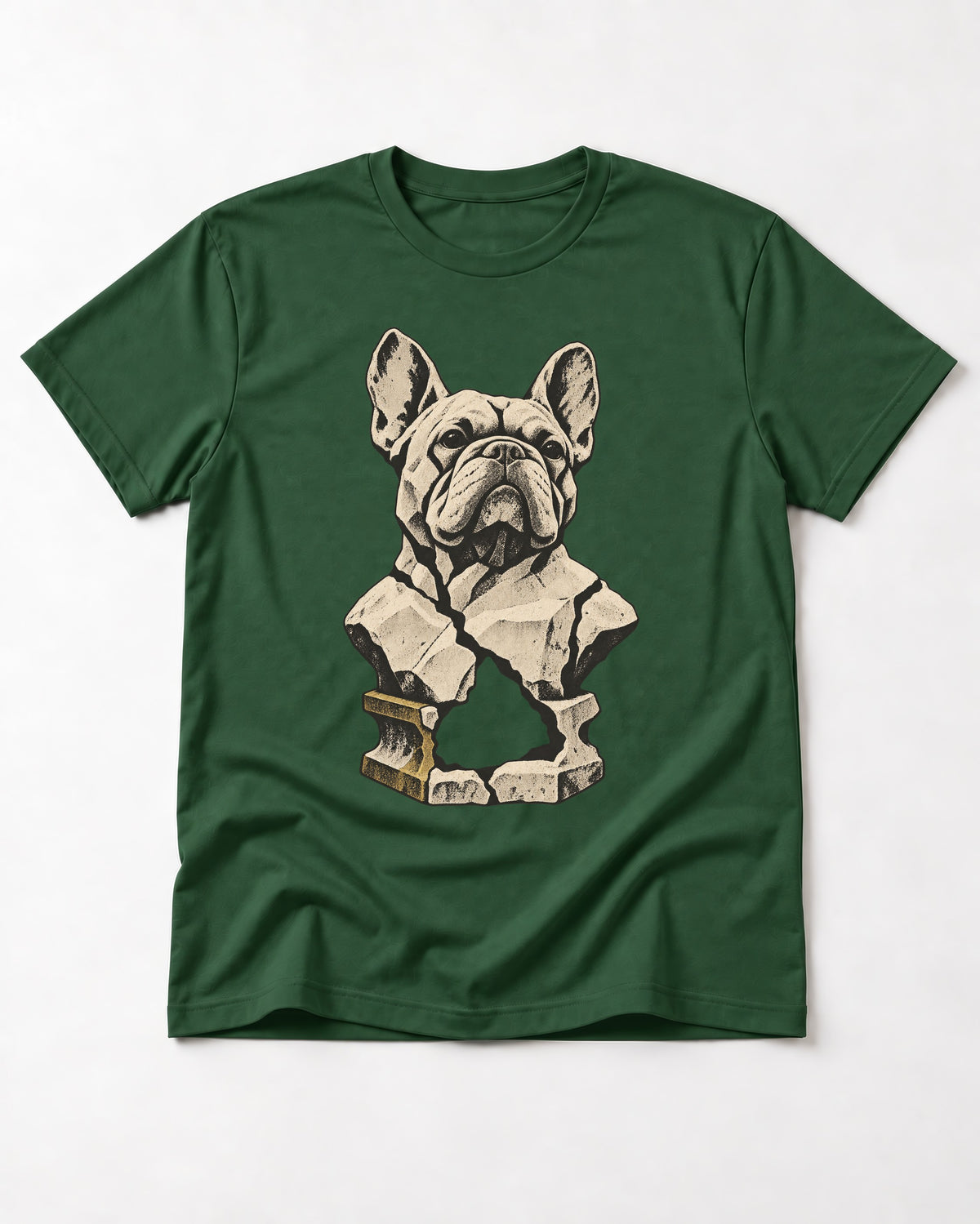 Frenchie Fractured Stone Bust Graphic T-Shirt in Forest Green, flat lay product photo