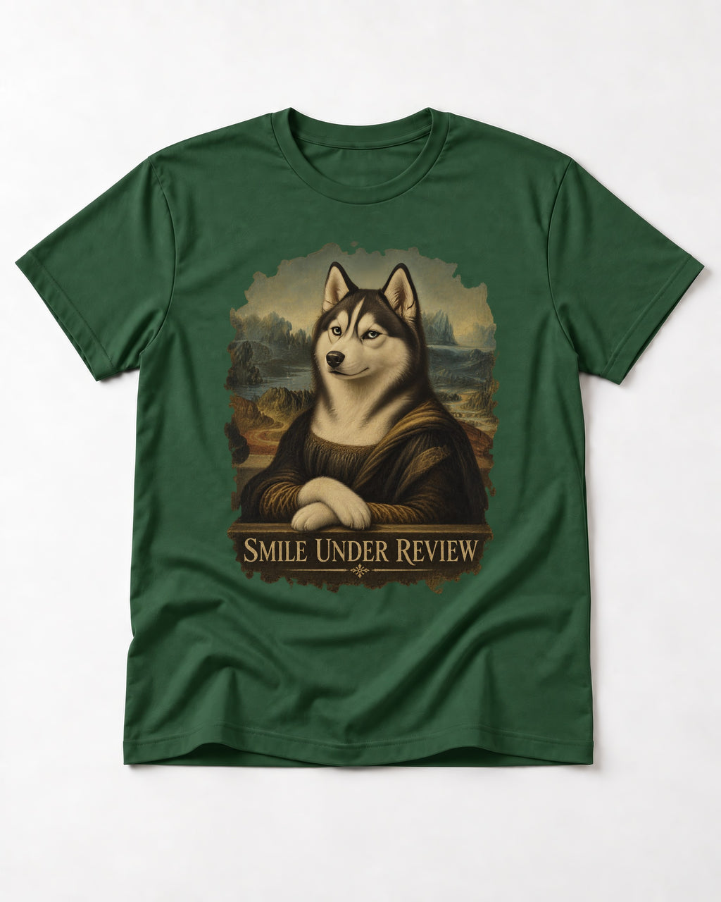 Husky Smile Under Review Renaissance Portrait Graphic T-Shirt in Forest Green, flat lay product photo