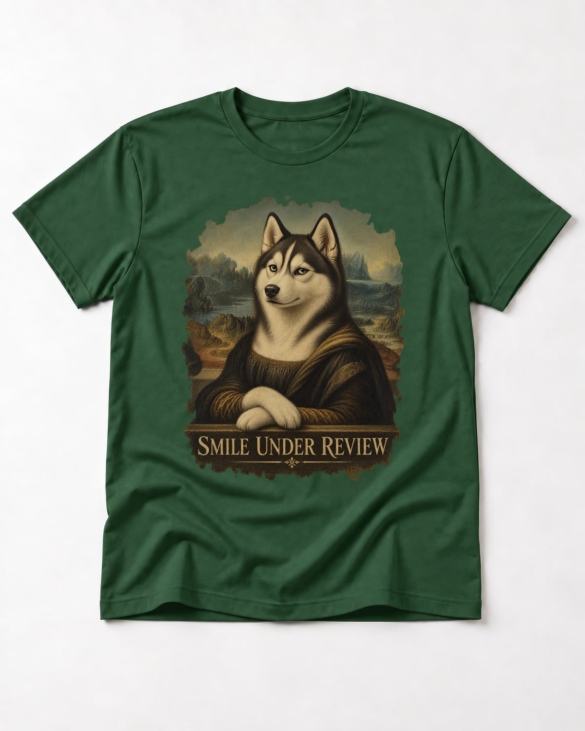 Husky Smile Under Review Renaissance Portrait Graphic T-Shirt in Forest Green, flat lay product photo
