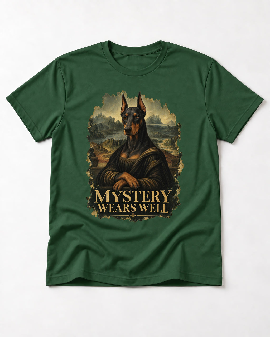 Doberman Mystery Wears Well Renaissance Portrait Graphic T-Shirt in Forest Green, flat lay product photo