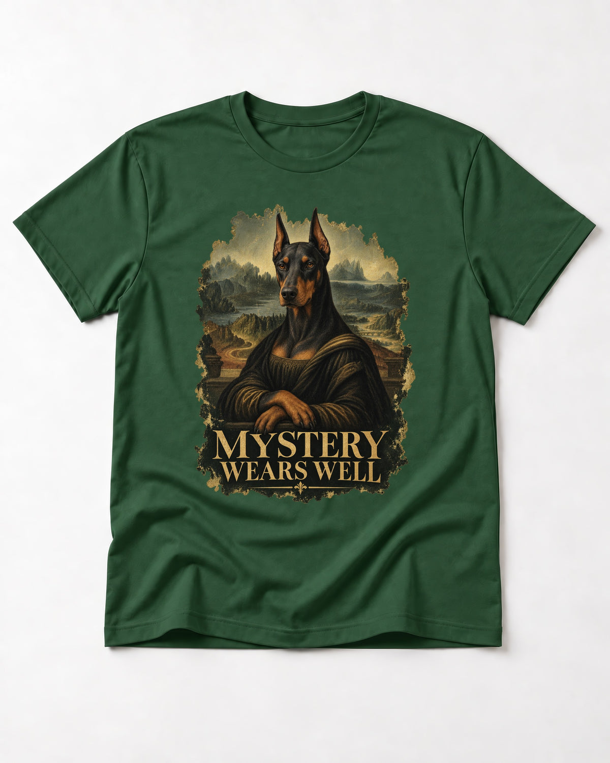 Doberman Mystery Wears Well Renaissance Portrait Graphic T-Shirt in Forest Green, flat lay product photo