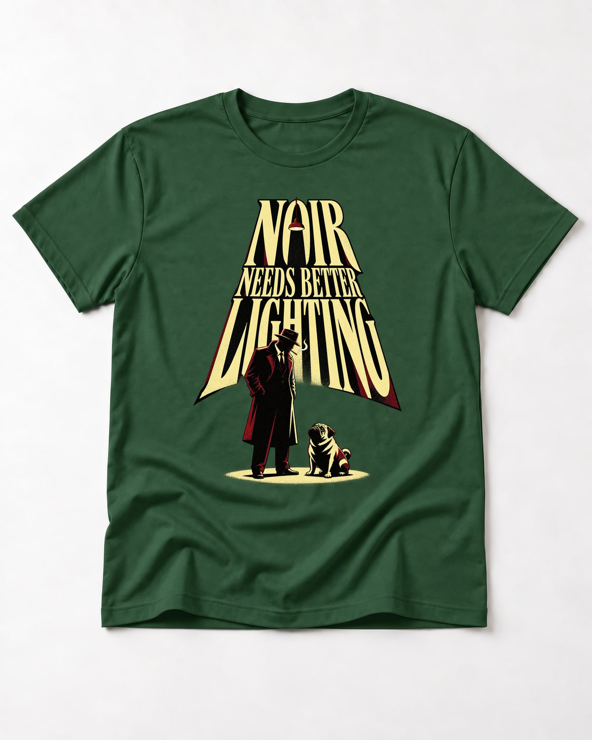 Pug Noir Needs Better Lighting Detective Graphic T-Shirt in Forest Green, flat lay product photo