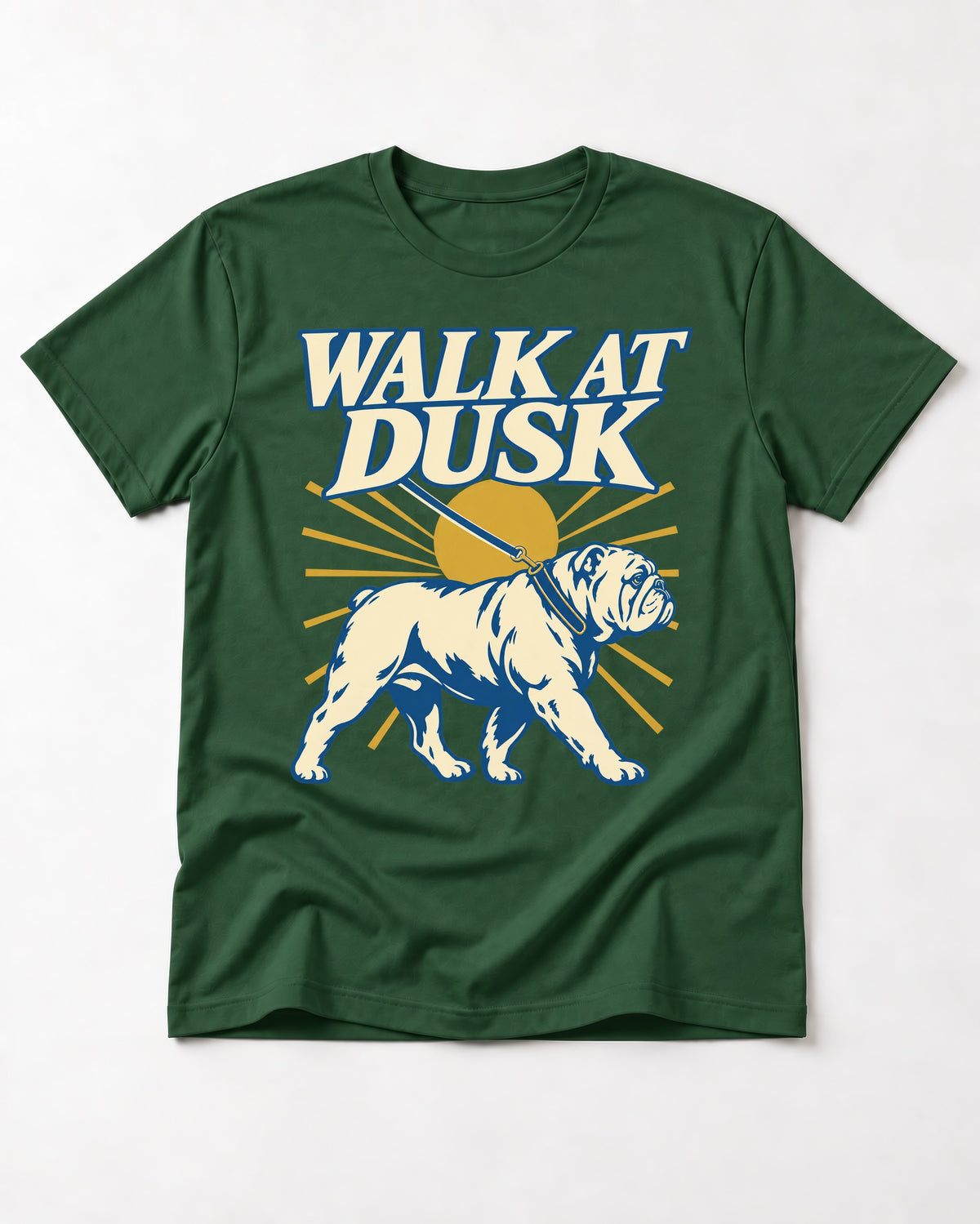English Bulldog Walk at Dusk Sunset Graphic T-Shirt in Forest Green, flat lay product photo