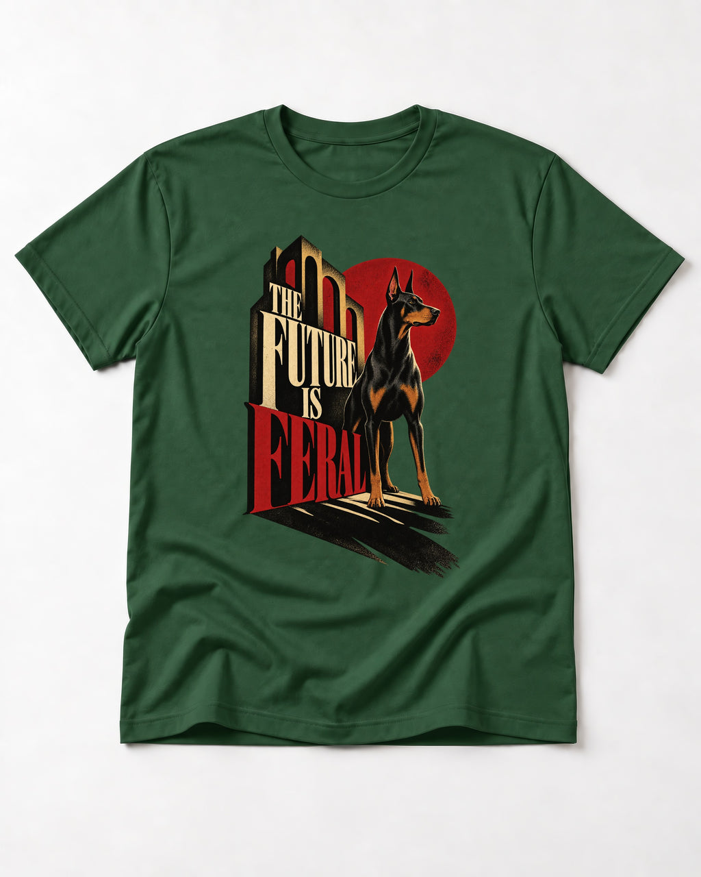 Doberman The Future Is Feral Art Deco Graphic T-Shirt in Forest Green, flat lay product photo