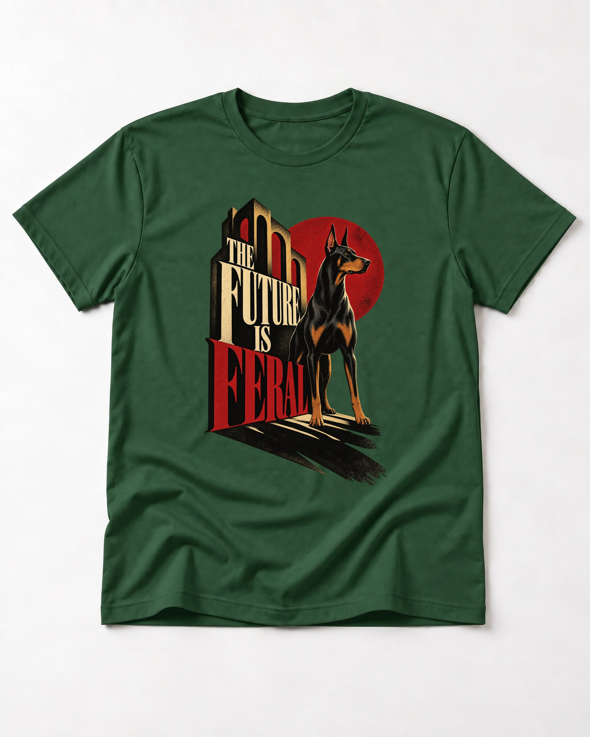 Doberman The Future Is Feral Art Deco Graphic T-Shirt in Forest Green, flat lay product photo