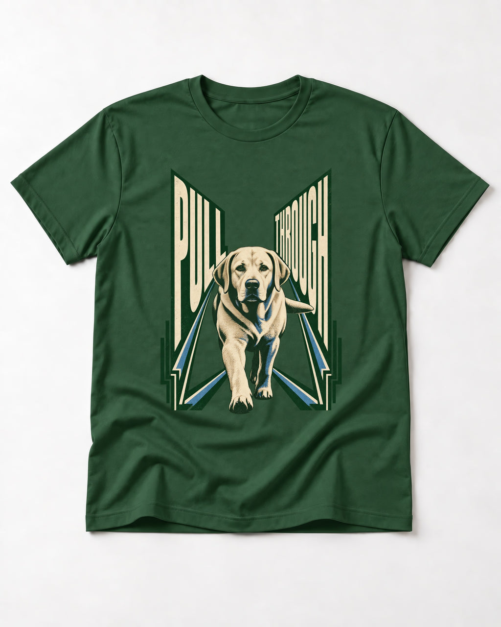 Labrador Retriever Pull Through Perspective Graphic T-Shirt in Forest Green, flat lay product photo