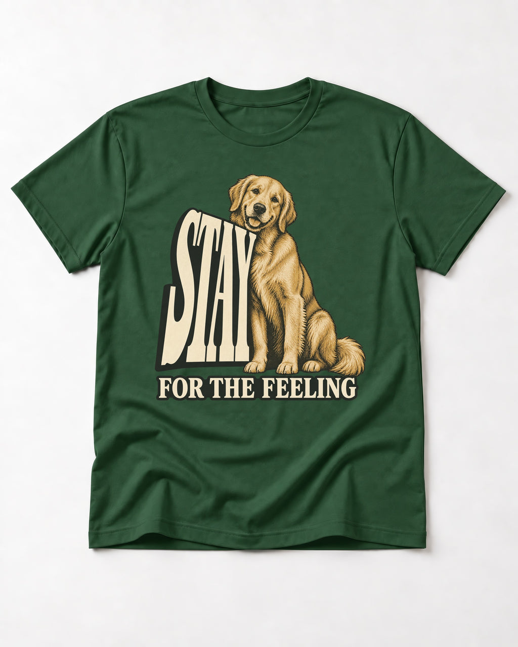 Golden Retriever Stay for the Feeling Leaning Puppy Graphic T-Shirt in Forest Green, flat lay product photo