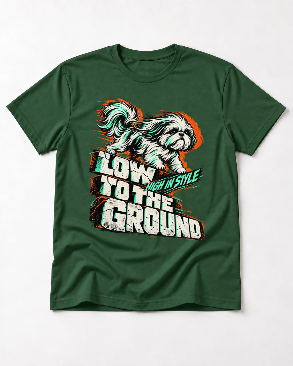 Shih Tzu Low to the Ground High in Style Streetwear Graphic T-Shirt in Forest Green, flat lay product photo