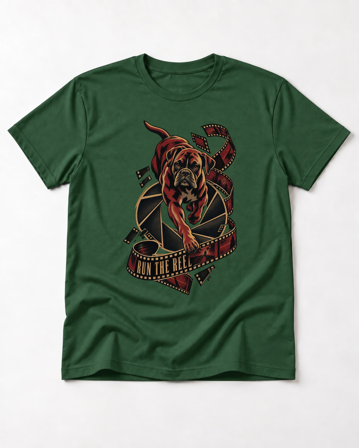 Run the Reel Boxer Film Graphic T-Shirt in Forest Green, flat lay product photo