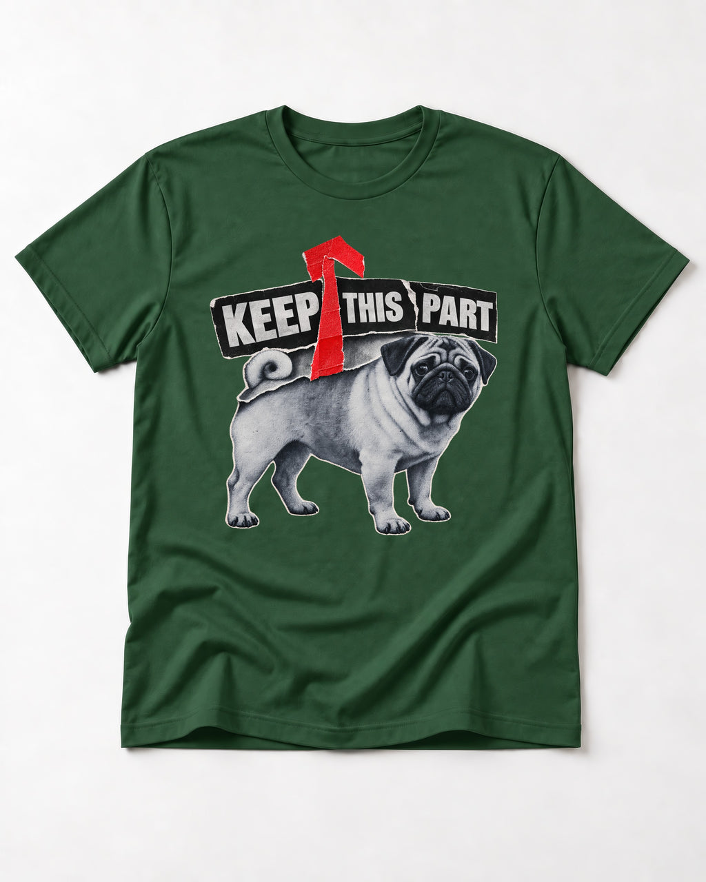 Pug Keep This Part Tape Arrow Graphic T-Shirt in Forest Green, flat lay product photo
