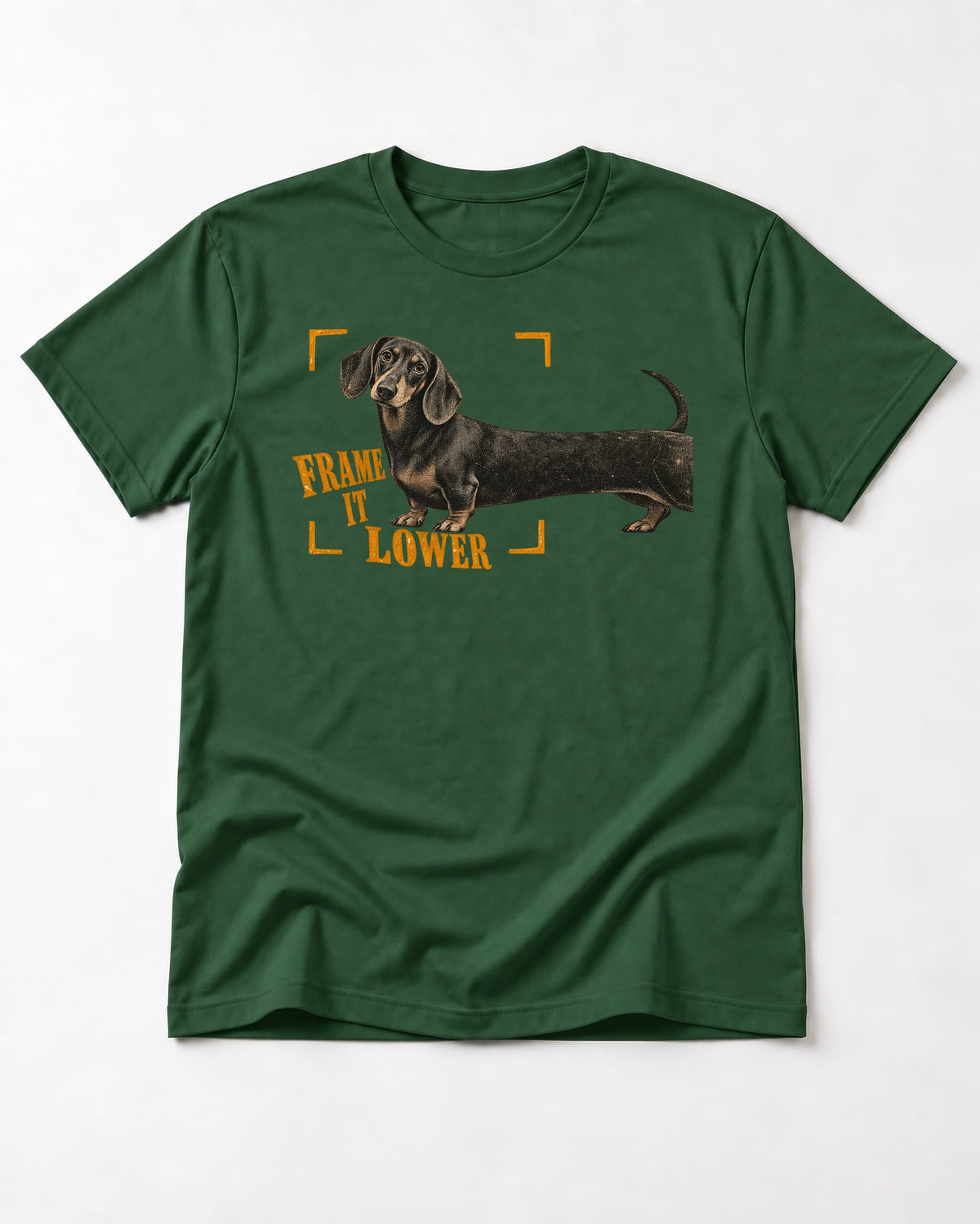 Dachshund Frame It Lower Viewfinder Graphic T-Shirt in Forest Green, flat lay product photo