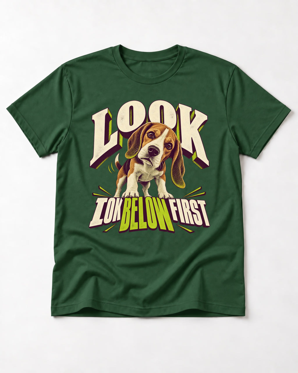 Beagle Look Low Below First T-Shirt in Forest Green, flat lay product photo
