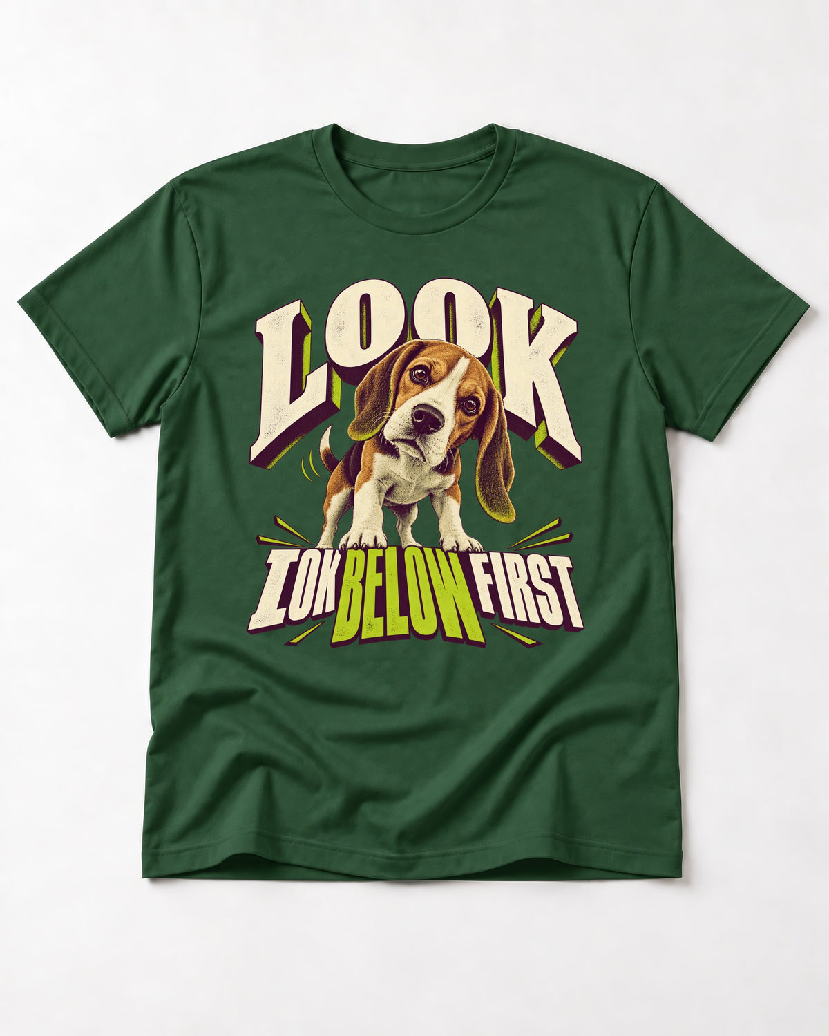 Beagle Look Low Below First T-Shirt in Forest Green, flat lay product photo