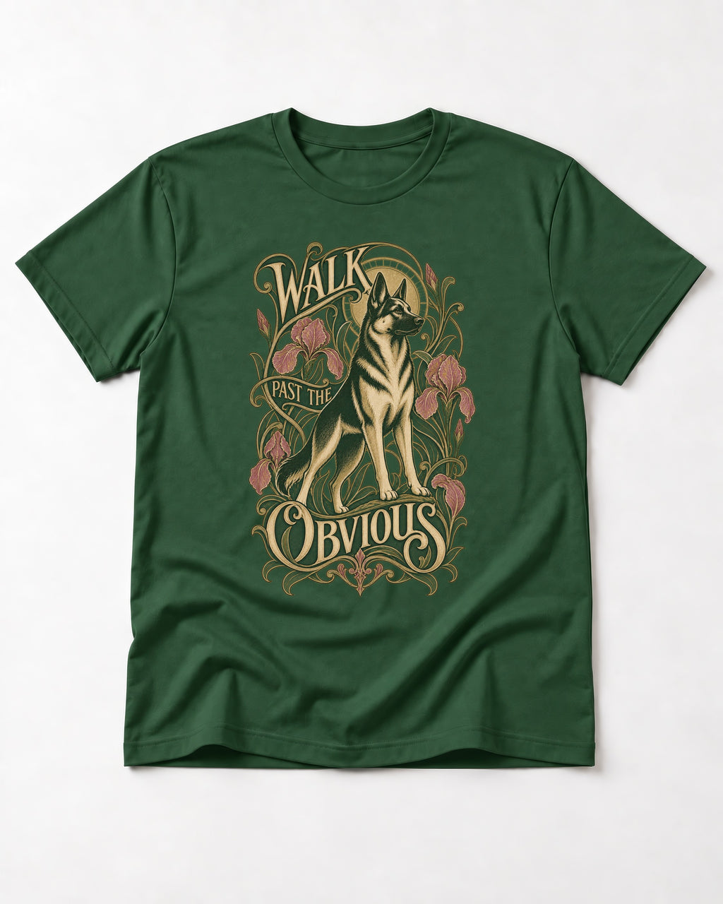 Walk Past The Obvious Art Nouveau German Shepherd Dog Graphic T-Shirt in Forest Green, flat lay product photo