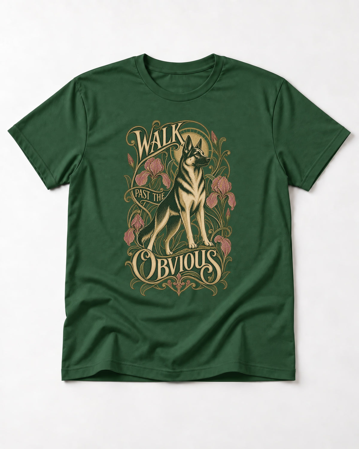 Walk Past The Obvious Art Nouveau German Shepherd Dog Graphic T-Shirt in Forest Green, flat lay product photo