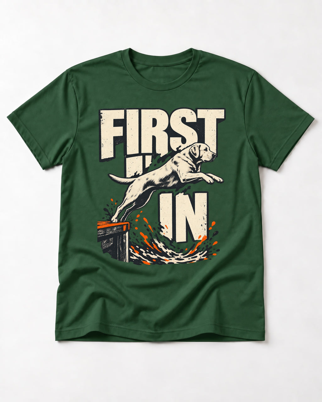 First In Dock Jump Labrador Retriever Graphic T-Shirt in Forest Green, flat lay product photo