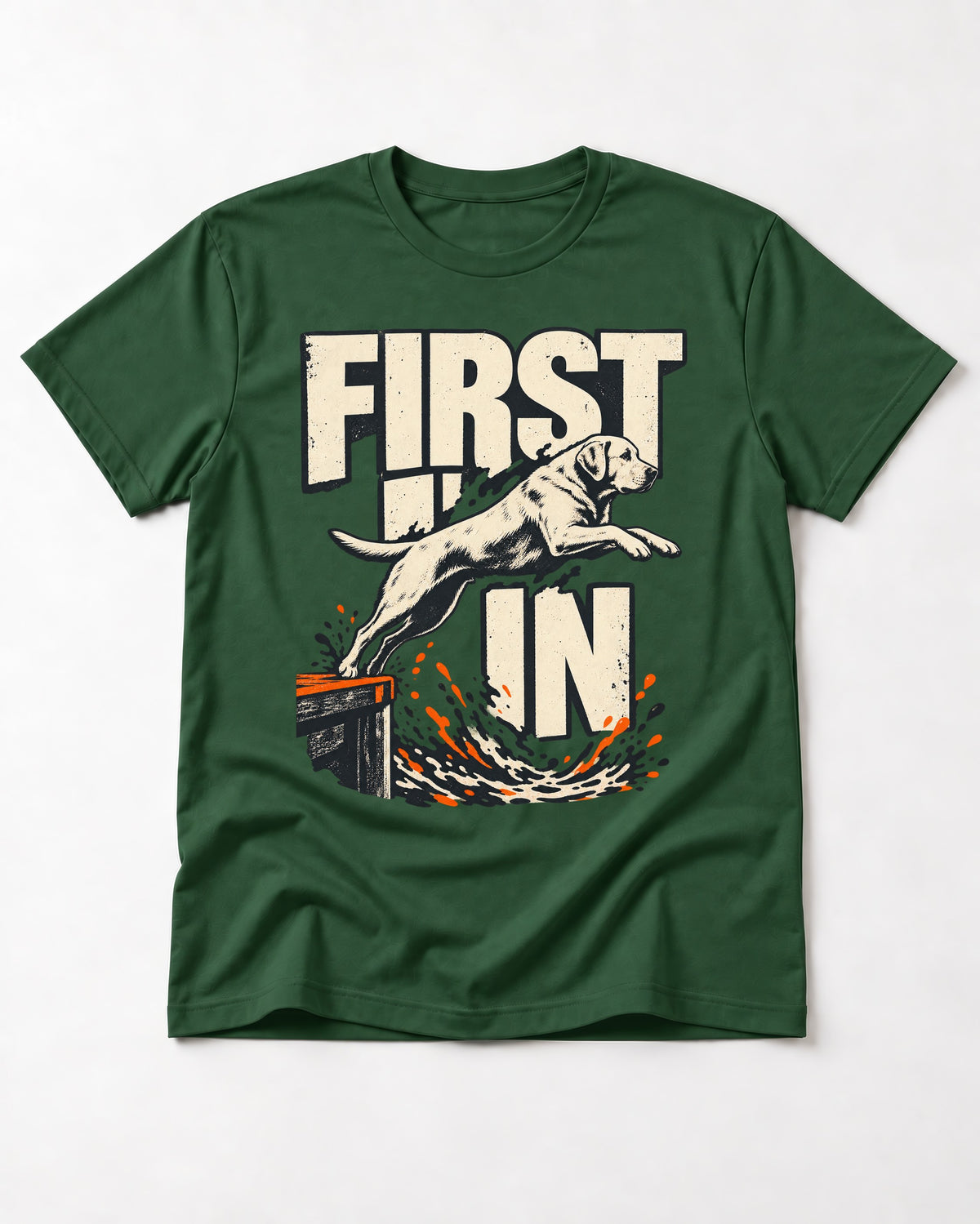 First In Dock Jump Labrador Retriever Graphic T-Shirt in Forest Green, flat lay product photo