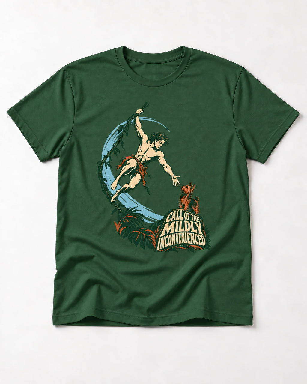 Yorkshire Terrier Call of the Mildly Inconvenienced Vine Swing Graphic T-Shirt in Forest Green, flat lay product photo