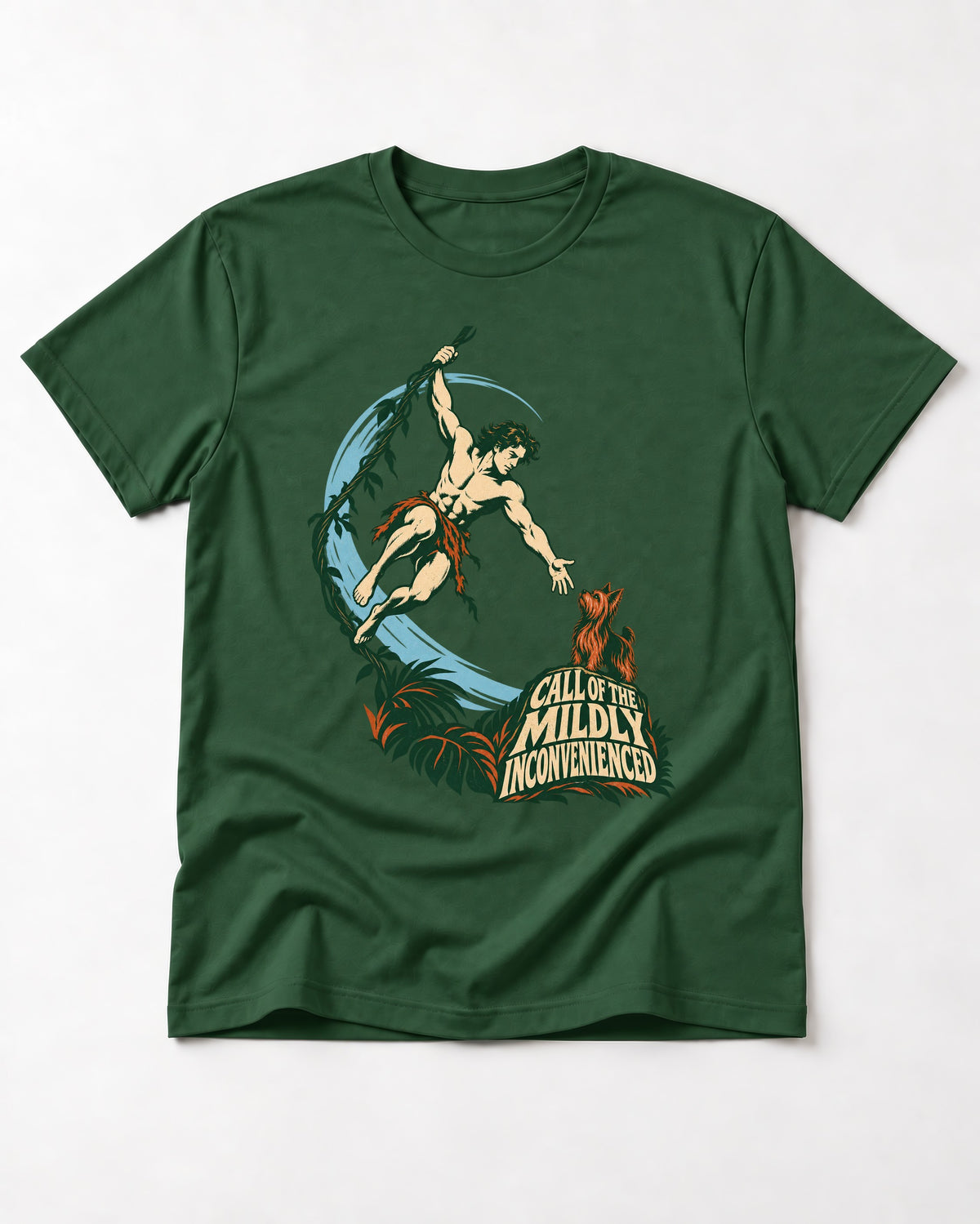 Yorkshire Terrier Call of the Mildly Inconvenienced Vine Swing Graphic T-Shirt in Forest Green, flat lay product photo