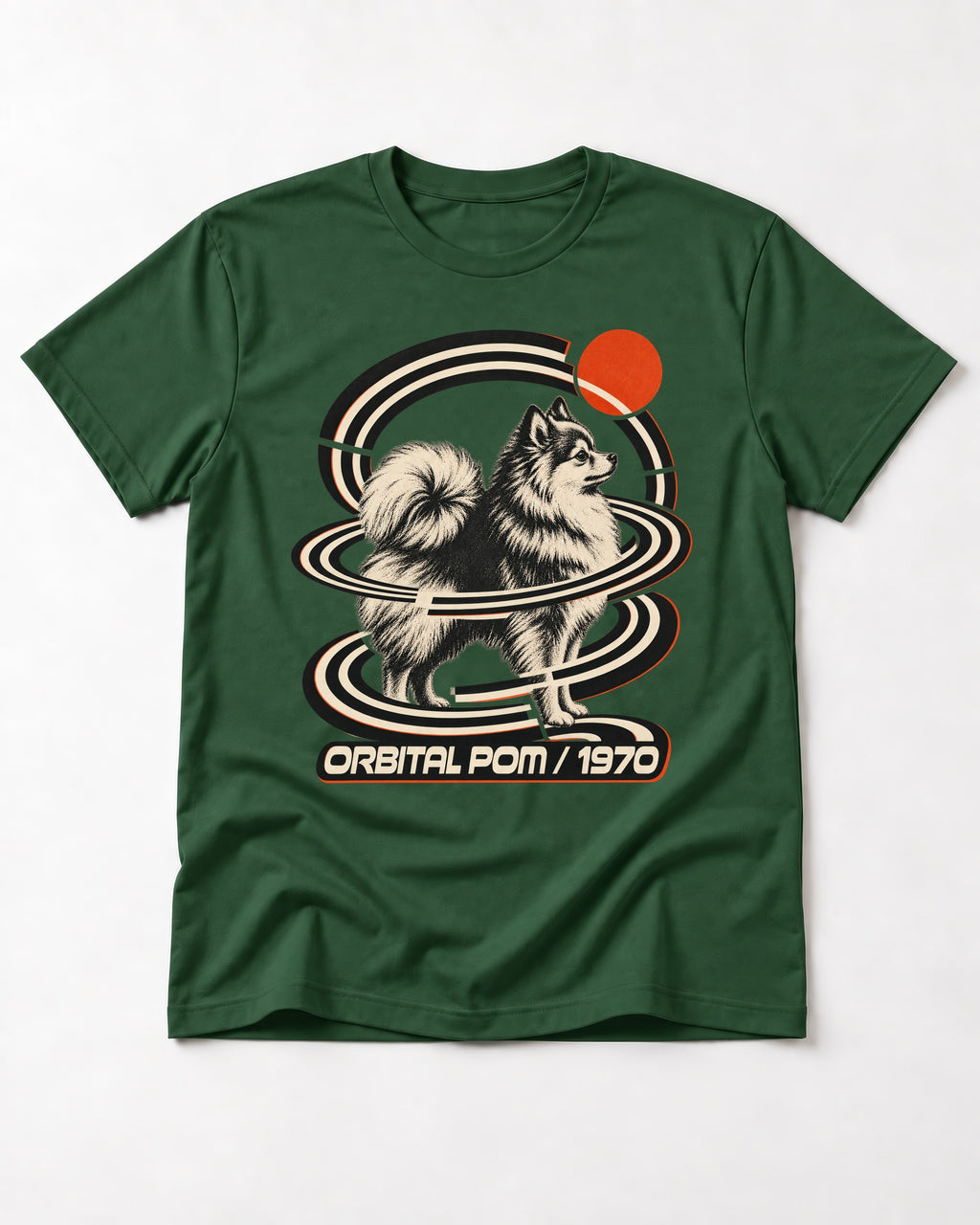Pomeranian Orbital Pom 1970 Space Age Graphic T-Shirt in Forest Green, flat lay product photo