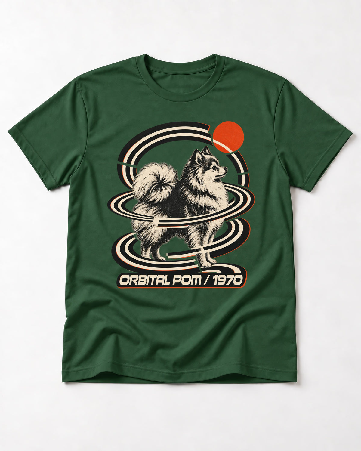Pomeranian Orbital Pom 1970 Space Age Graphic T-Shirt in Forest Green, flat lay product photo