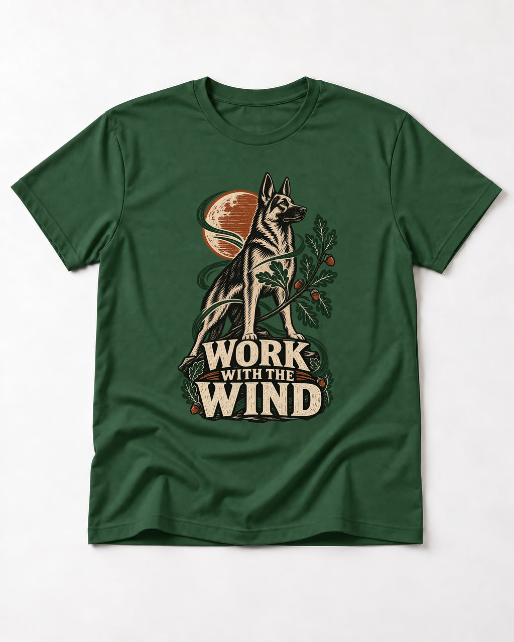 Work With The Wind Botanical Woodcut German Shepherd Dog Graphic T-Shirt in Forest Green, flat lay product photo