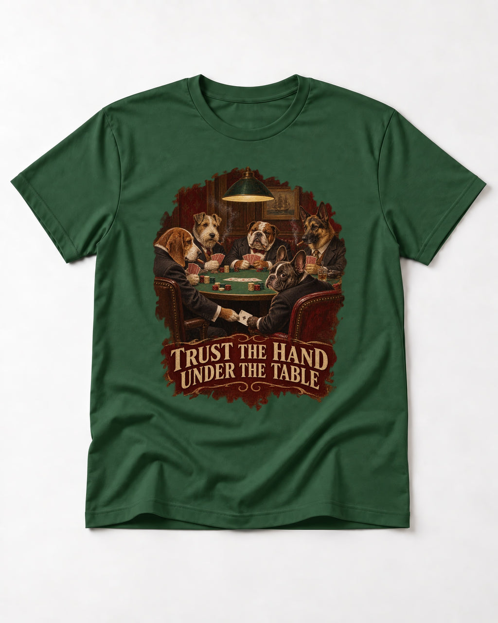 Frenchie Trust the Hand Under the Table Poker Dogs Graphic T-Shirt in Forest Green, flat lay product photo