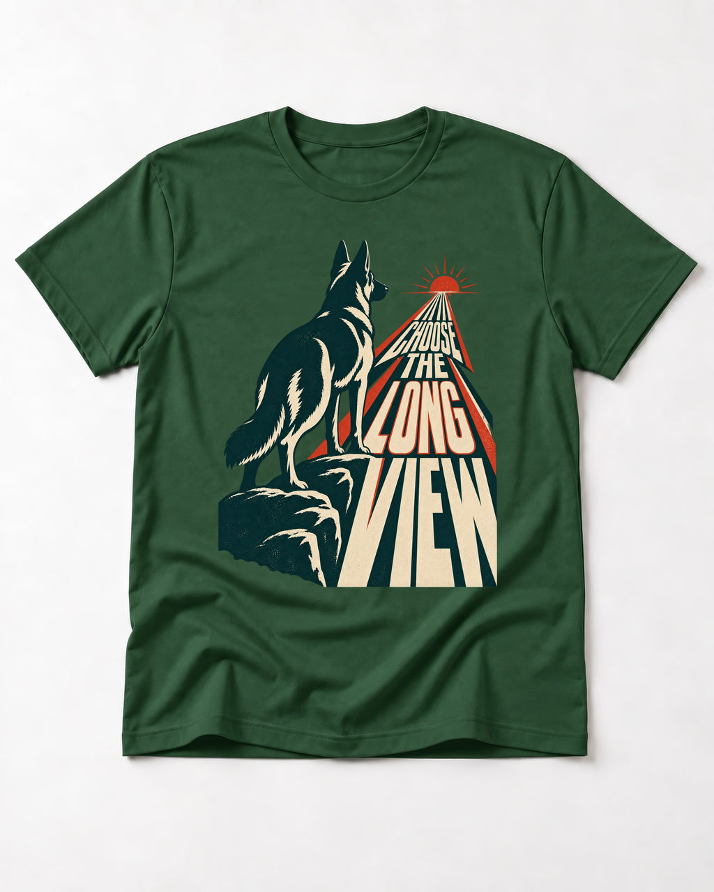Choose the Long View Sunrise German Shepherd Dog Graphic T-Shirt in Forest Green, flat lay product photo