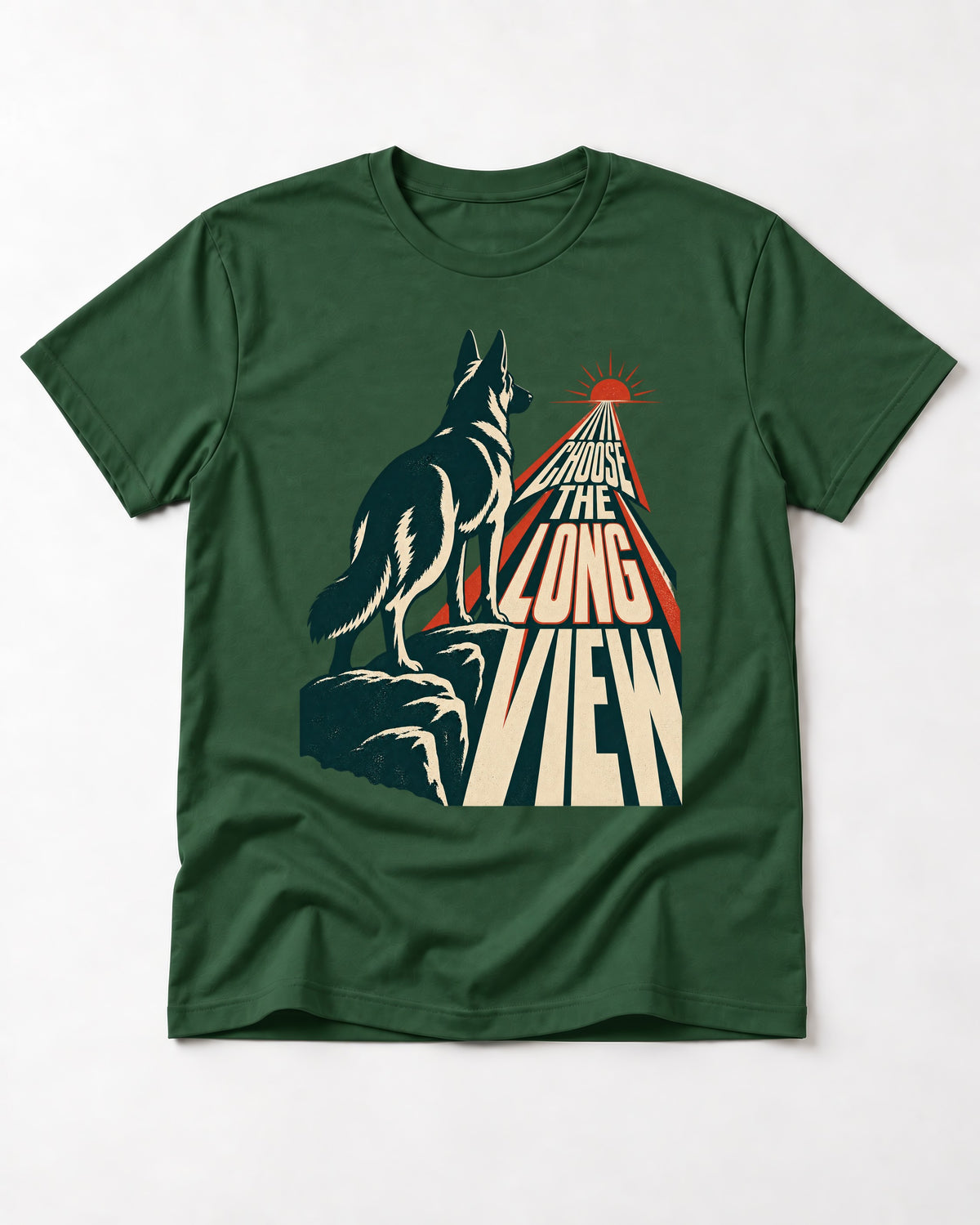 Choose the Long View Sunrise German Shepherd Dog Graphic T-Shirt in Forest Green, flat lay product photo