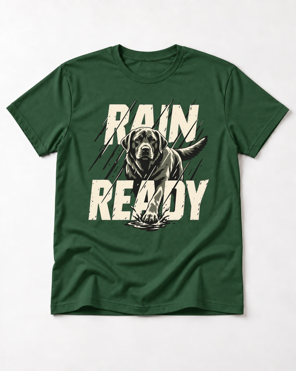 Labrador Retriever Rain Ready Charging Splash Graphic T-Shirt in Forest Green, flat lay product photo