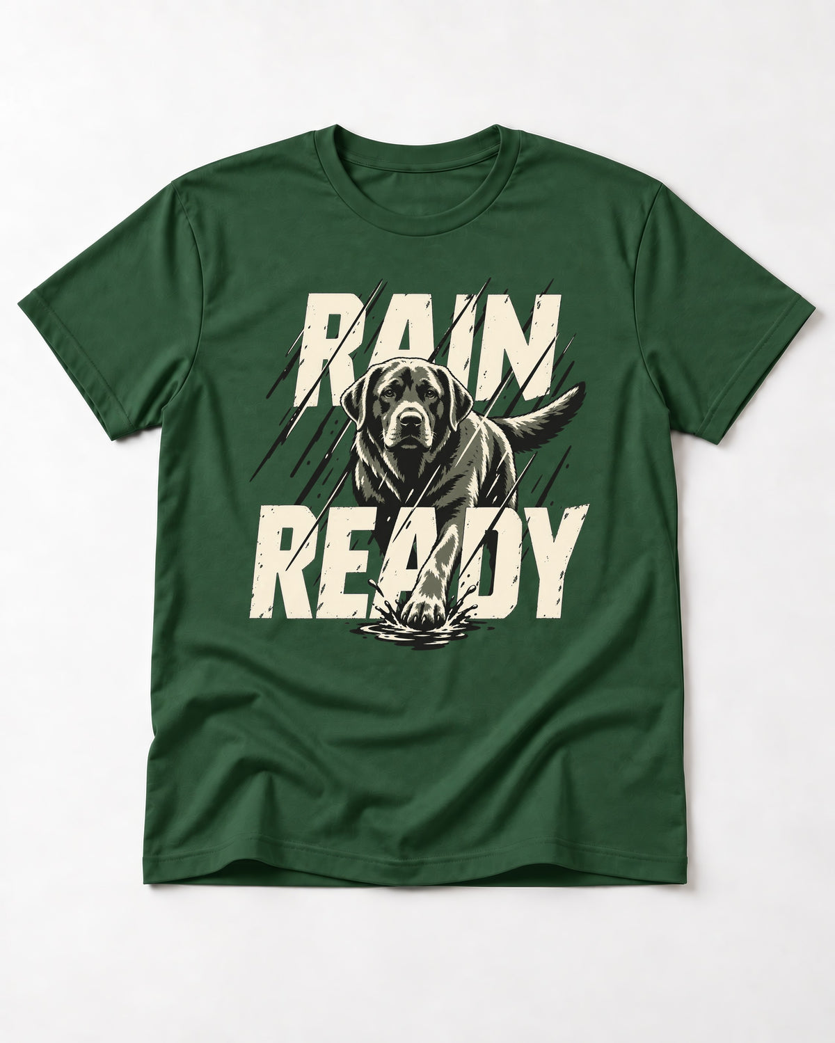 Labrador Retriever Rain Ready Charging Splash Graphic T-Shirt in Forest Green, flat lay product photo