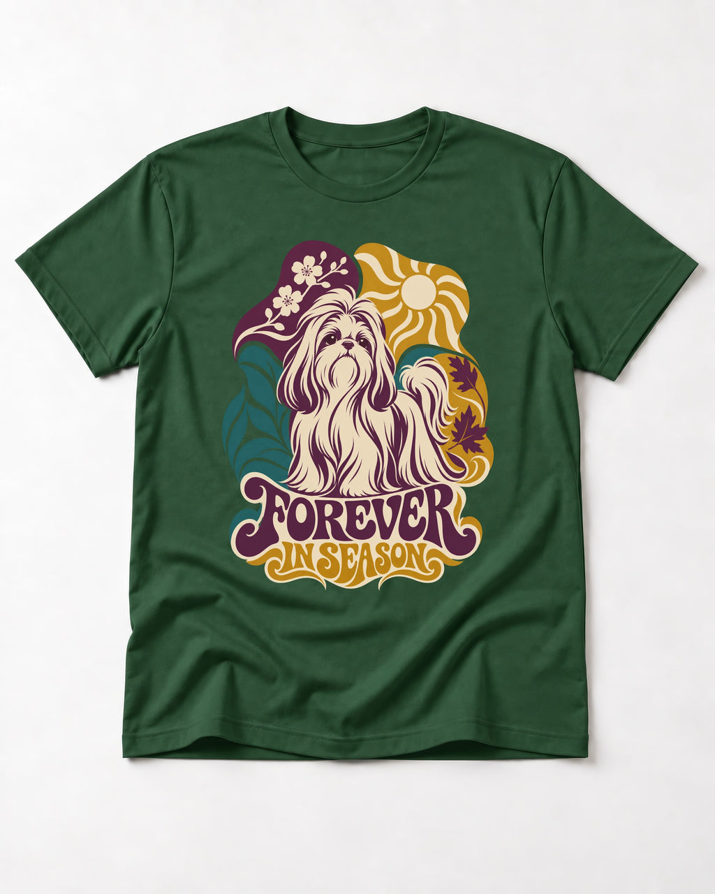 Shih Tzu Forever in Season Botanical Sun Graphic T-Shirt in Forest Green, flat lay product photo